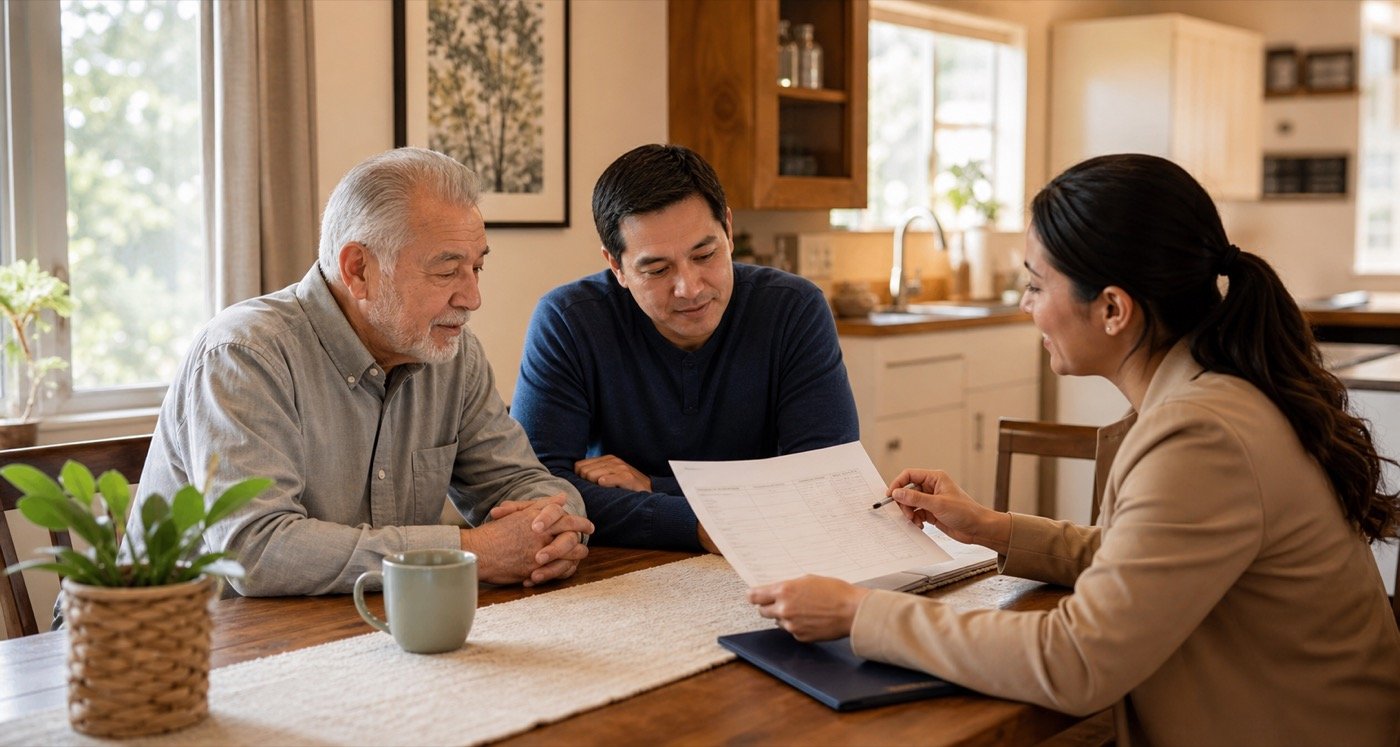 Family reviewing board and care home options at a dining table