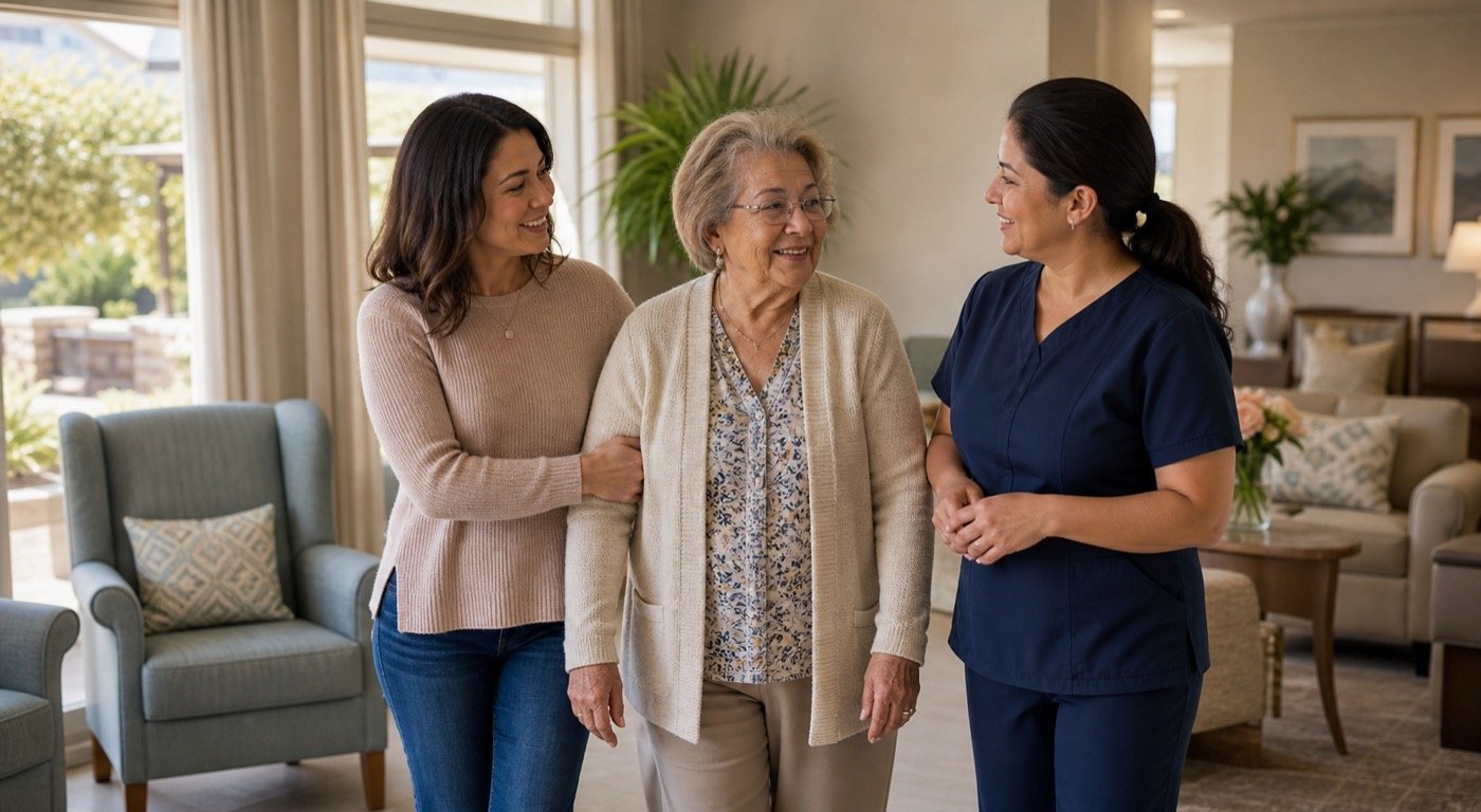 Senior walking in a comfortable assisted living lounge