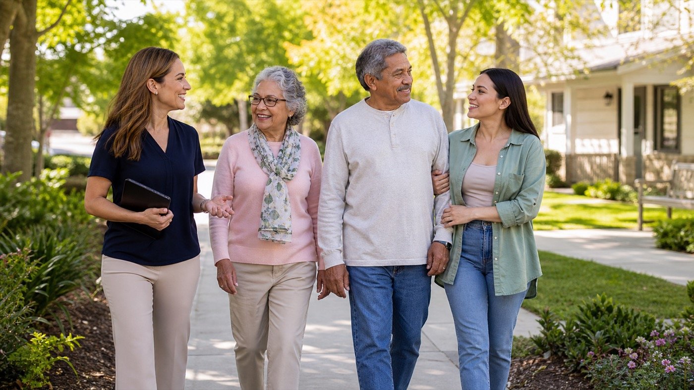 Older adults walking outside with a senior care advisor