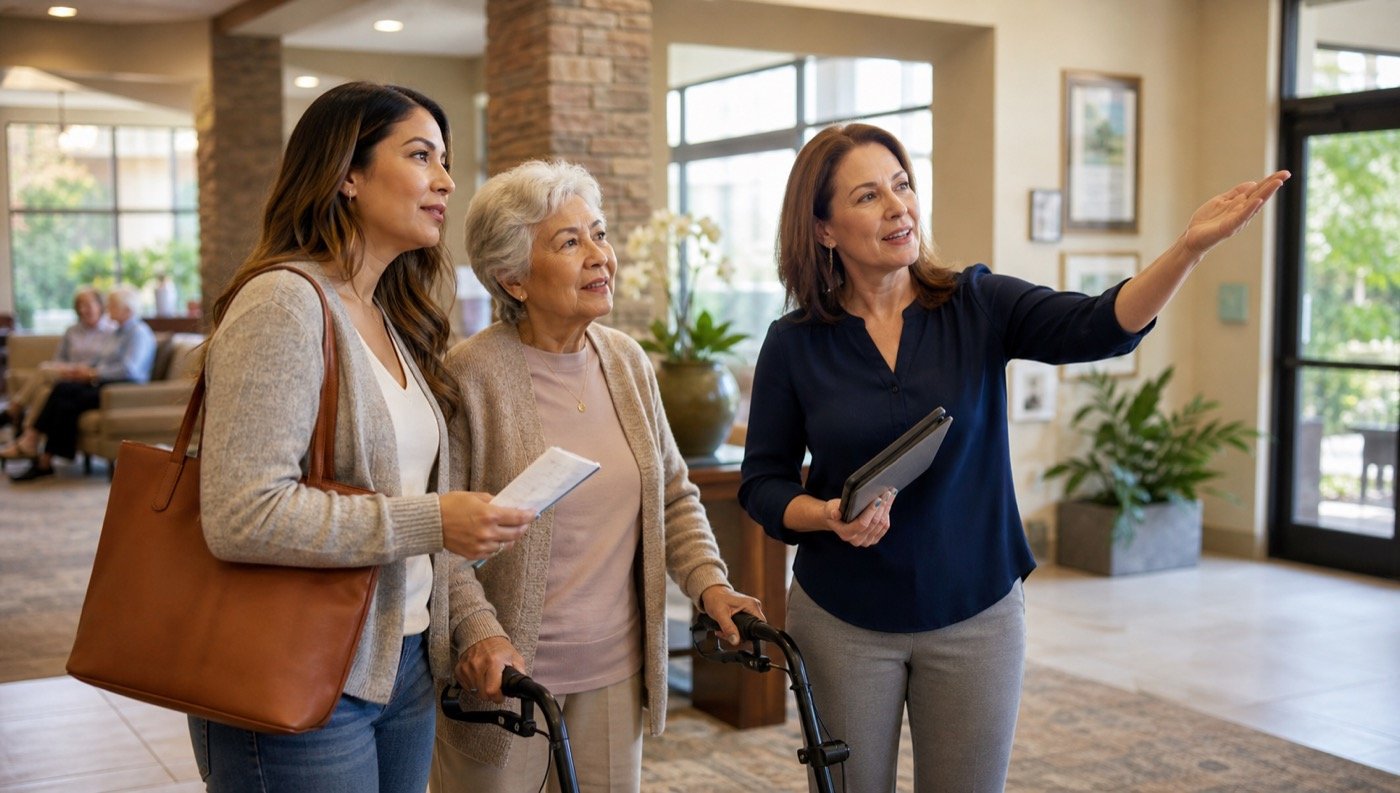 Family preparing questions before a senior care facility tour