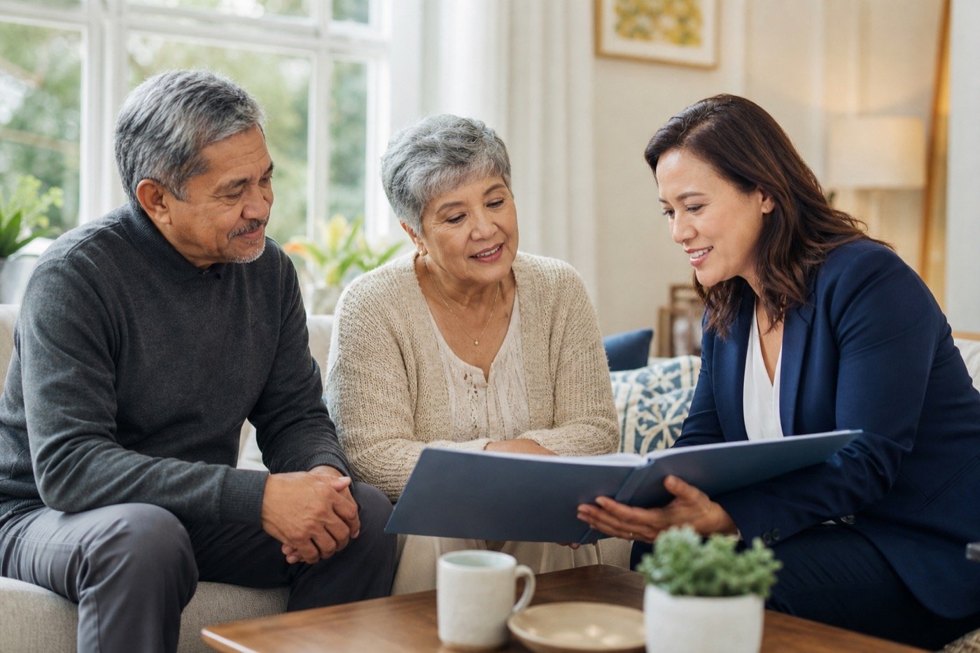 Family speaking with a senior care advisor in a residential care home